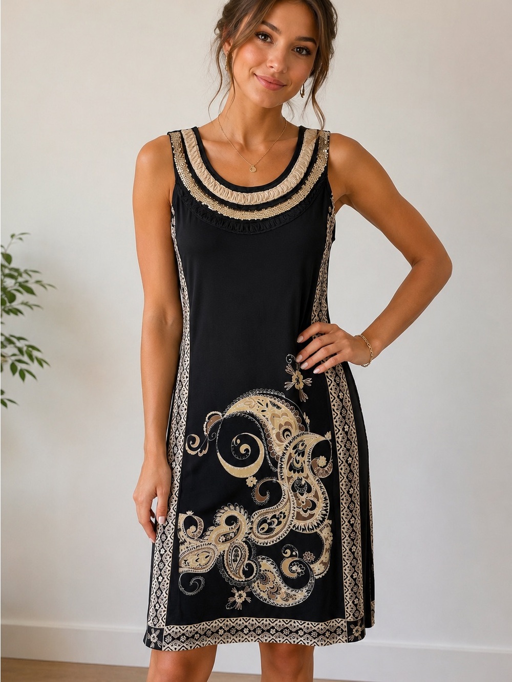 Studio I Black and Gold Sleeveless Embroidered Shift Dress sequin size 6 paisley